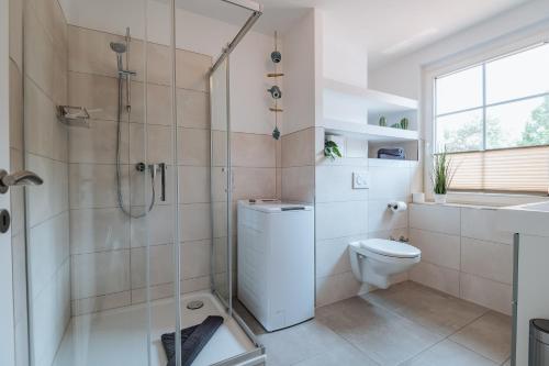 a bathroom with a shower and a toilet and a sink at Appartments Am Goldberger See in Goldberg