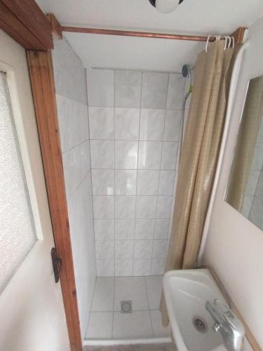 W łazience znajduje się prysznic i umywalka. w obiekcie Retreat în padure w mieście Buchin