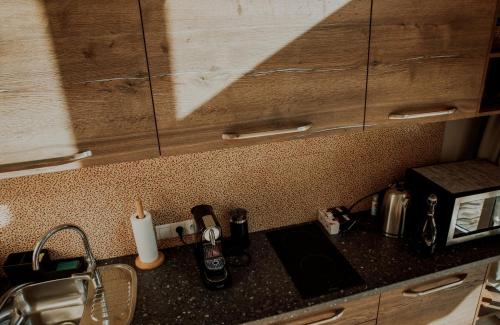 a kitchen with a sink and a counter top with a counter top at Wolf Cottage in Pabaži