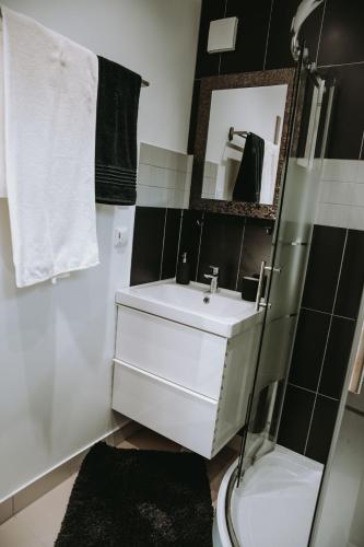 a bathroom with a sink and a toilet and a mirror at Wolf Cottage in Pabaži