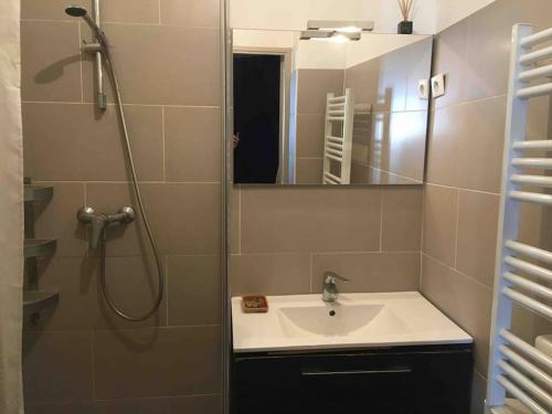 une salle de bain avec un lavabo et une douche avec un miroir dans l'établissement Appartement cosy plein cœur de Marseille, à Marseille