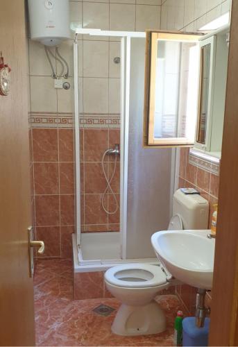 a bathroom with a shower and a toilet and a sink at Apartmani Kerum in Jelsa