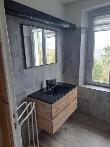 ein Bad mit einem schwarzen Waschbecken und einem Spiegel in der Unterkunft GITE ST HENRY in Laurac