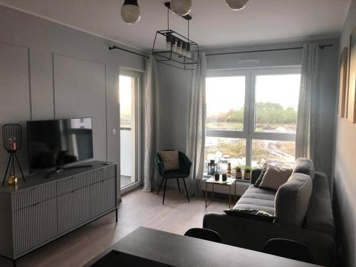 ein Wohnzimmer mit einem Sofa und einem großen Fenster in der Unterkunft Comfort18 in Bydgoszcz