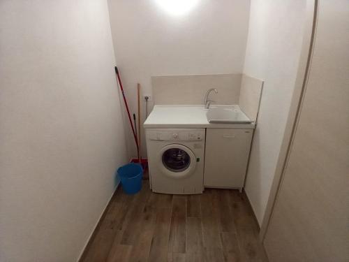 een kleine badkamer met een wasmachine en een wastafel bij Podere Feltrino in Grosseto