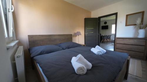 ein Schlafzimmer mit einem Bett mit zwei Kissen darauf in der Unterkunft Apartmán Andrea in Loučovice