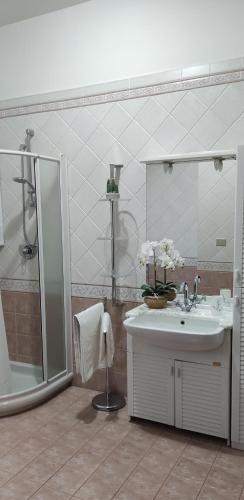 a bathroom with a sink and a shower at La Piazzetta Alloggio Turistico in Canino
