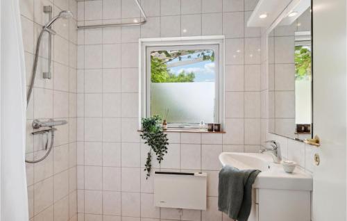 a white bathroom with a sink and a window at Amazing Home In Vejby With Kitchen in Vejby