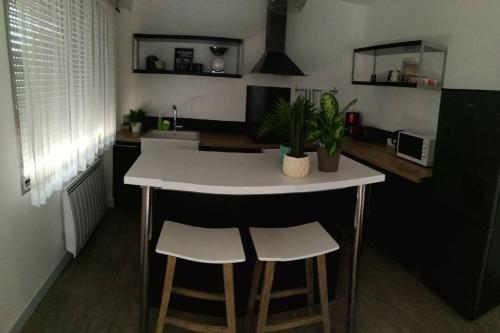 a kitchen with a island with two stools at Appartement calme et climatisé au cœur du village in Brazey-en-Plaine