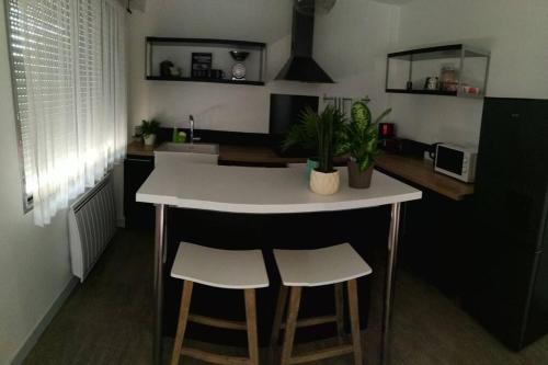 a kitchen with a island with two stools at 555 Appartement calme et climatisé au cœur du village in Brazey-en-Plaine