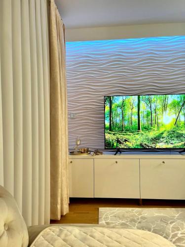 uma sala de estar com televisão e uma grande janela em Coral em Sarajevo