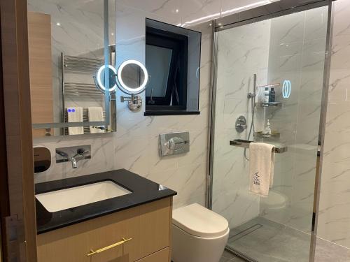 a bathroom with a shower with a sink and a toilet at Modern villa - in Golden Circle - Gullfoss Geysir Þingvöllur - Freyjustíg 13, 805 Selfoss in Búrfell