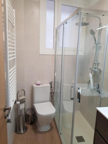 uma casa de banho com um WC e uma cabina de duche em vidro. em Fantàstic Pis a Oliana Alt Urgell Lleida Wifi em Oliana