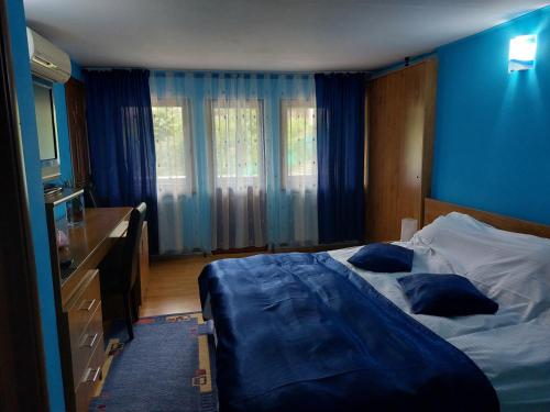 1 dormitorio con cama y pared azul en Montana Touring, en Nehoiu