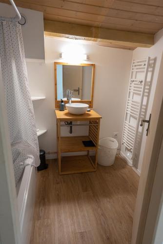 une salle de bain avec un lavabo et un miroir dans l'établissement Clos La Vigne, à Cornas