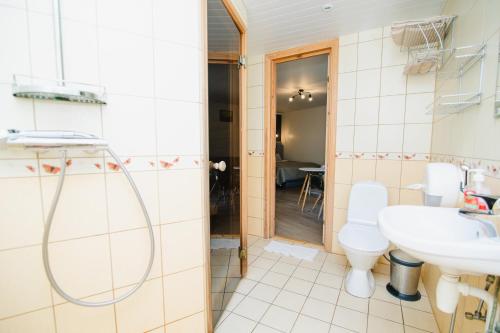 a bathroom with a shower and a toilet and a sink at Viisnurga Puhkemajad in Uulu