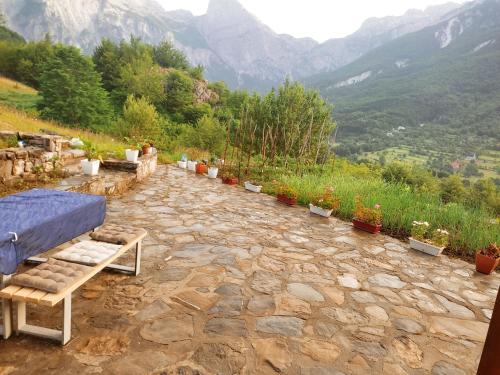 een stenen pad met potplanten op een berg bij Guest House Astrit Villi in Theth