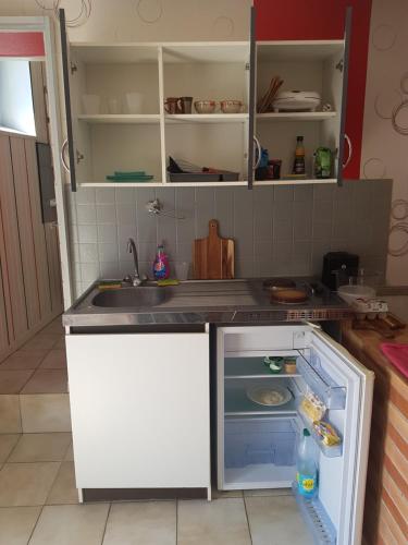 La cuisine est équipée d'un réfrigérateur ouvert et d'un évier. dans l'établissement maisonette proche Bourges 1 pièce, à Mehun-sur-Yèvre