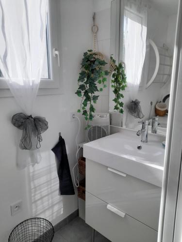 La salle de bains blanche est pourvue d'un lavabo et d'un miroir. dans l'établissement CHEZ JACQUES ET MANUE, à Six-Fours-les-Plages