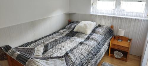 1 dormitorio con 1 cama con manta y ventana en Grey Line Guesthouse, en Badacsonytördemic