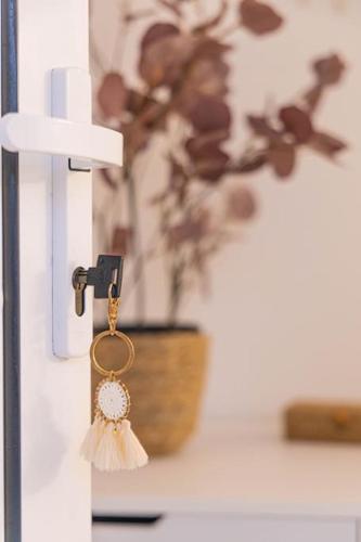 a key chain is attached to a door with a vase at Nikolias dream house in Ialysos