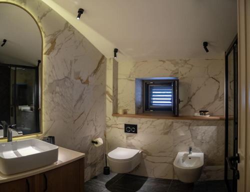 ein Badezimmer mit einem Waschbecken, einem WC und einem Spiegel in der Unterkunft Villa Marlea Konavle Dubrovnik in Gruda