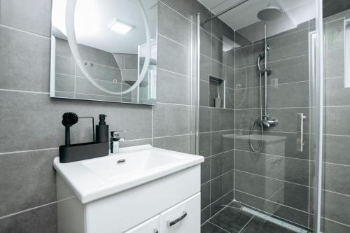 y baño con lavabo blanco y ducha. en Apartmani Otašević, en Kladovo