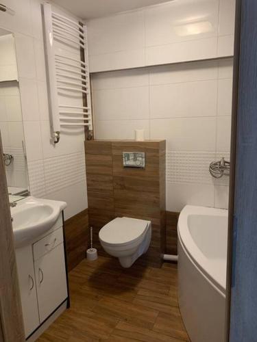 a bathroom with a toilet and a sink and a tub at apartament- Stare Miasto Olsztyn in Olsztyn