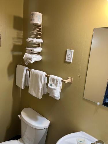 a bathroom with a toilet and towels on a wall at Motel 66 in Transcona