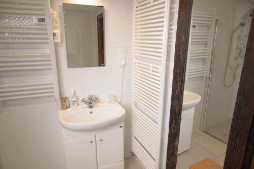 W białej łazience znajduje się umywalka i lustro. w obiekcie Kongres Czarownic w mieście Zagnańsk
