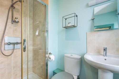 a bathroom with a shower and a toilet and a sink at The Queens in Carlisle