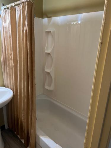 a bathroom with a shower with a shower curtain at Motel 66 in Transcona