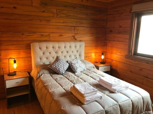Bett in einem Zimmer mit Holzwänden und einem Fenster in der Unterkunft Alojamiento Ruca wenüy dpto 01 in San Carlos de Bariloche