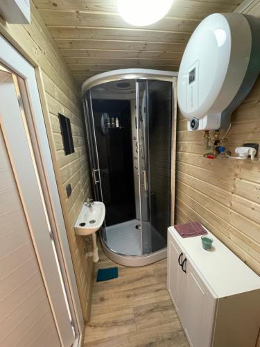 a bathroom with a shower and a sink at Tiny House HaleLuJa 
