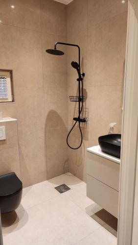 a bathroom with a black toilet and a sink at Villa Kartal in Lund