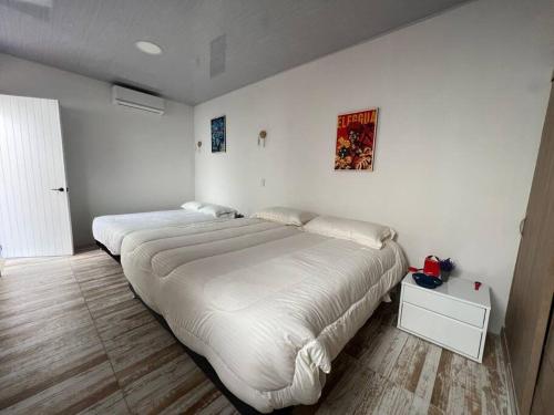 - 2 lits dans une chambre dotée de murs blancs et de parquet dans l'établissement Nueva en San Antonio Cali, La casa de Toña, à Cali