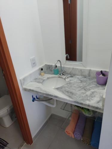 eine Badezimmertheke mit einem Waschbecken und einem Spiegel in der Unterkunft Apto a 300 metros da Canção Nova. Condomínio da Fé in Cachoeira Paulista