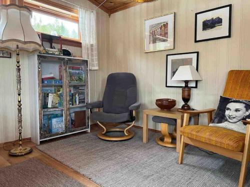 uma sala de estar com uma cadeira e uma secretária em Frittliggende hytte i flott turterreng em Molde