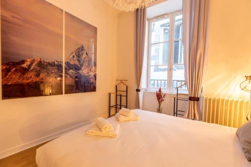 1 dormitorio con 1 cama con 2 toallas en MONT CERVIN Standing & Central en Clermont-Ferrand