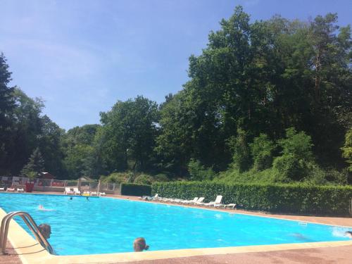 uma grande piscina azul com cadeiras e árvores em Mobile Home ~ Parc des Roches em Saint-Chéron