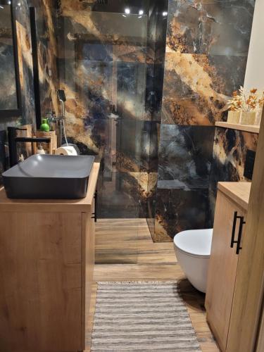 a bathroom with a sink and a bath tub at Apartament przy Starówce in Elblag