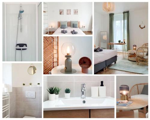 a collage of pictures of a bedroom and a bathroom at La Suite N°05 par Madame Conciergerie in Rennes