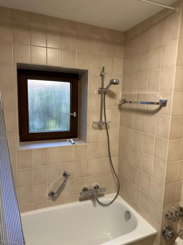 La salle de bains est pourvue d'une douche, d'une baignoire et d'une fenêtre. dans l'établissement Wohnung in Landshuter Altstadt, à Landshut