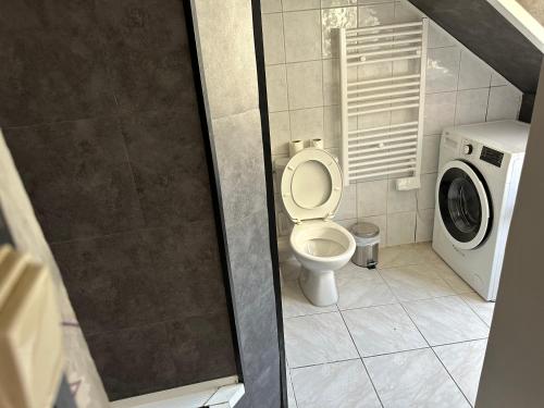 een badkamer met een toilet en een wasmachine bij appartement meublé in Vincennes