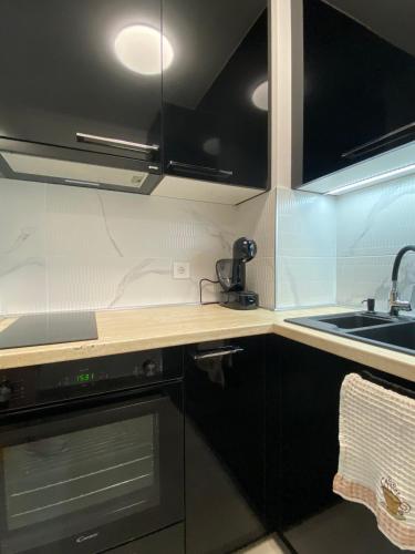 a kitchen with black cabinets and a sink at Bozur/peony in Pasuljište
