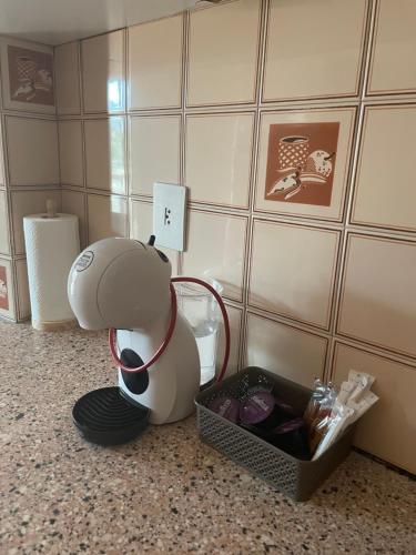 a snoopy blender sitting on a counter next to a basket at Apartamento con estupendas vistas a Coll de Nargó in Coll de Nargó