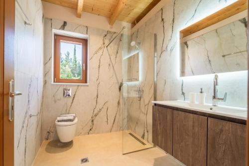 a bathroom with a toilet and a sink at Pithari Stone Villa in Khalikerí