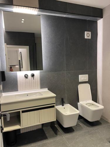 a bathroom with a sink and a toilet and a mirror at Olivea Apartments in Velipojë
