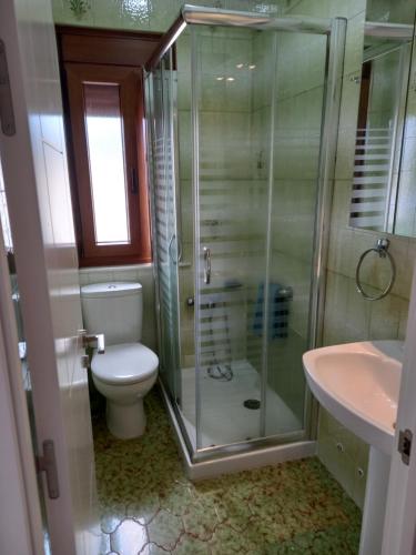 a bathroom with a shower and a toilet and a sink at Casa Anita in Luarca