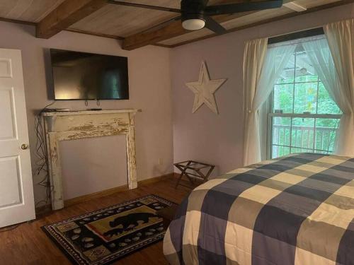 1 dormitorio con 1 cama, chimenea y TV en Dogwood Mountain House en Fancy Gap
